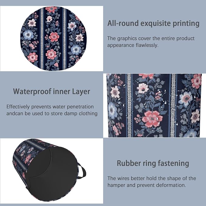 Boho Vintage Flower Laundry Basket, Foldable Oxford Cloth Tote Bag Laundry - Image 5