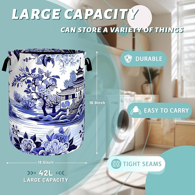 Blue White Porcelain Laundry Basket Chinoiserie Funny Laundry Hamper Foldable - Image 2