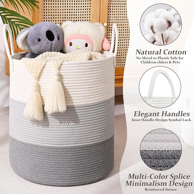 Laundry Hamper for Organizing, 52L Tall Laundry Baskets, Cotton Rope Woven - Image 3