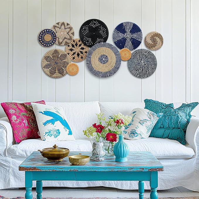 Tatuo 11 Pcs Boho Wall Basket Decor Decorative Bulrush Woven Basket Wall Decor - Image 5