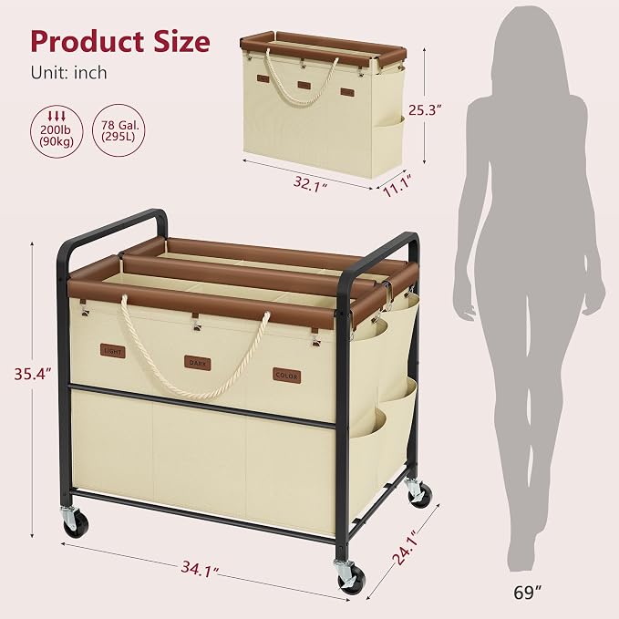 Tajsoon 350L Extra Large Laundry Hamper 6 Section, Heavy Duty Laundry Cart - Image 8