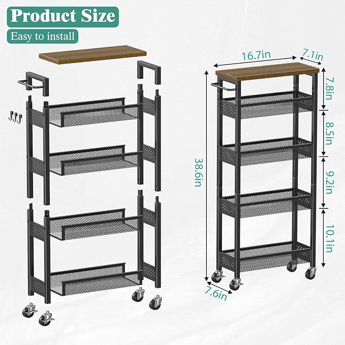 Giwil Slim Storage Cart 5 Tier Narrow Kitchen Rolling Cart on Wheels - Image 6