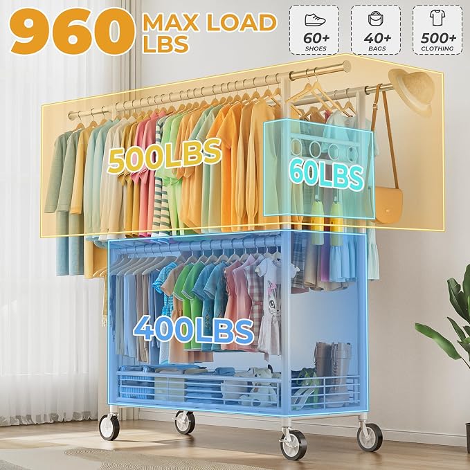 Heavy Duty Clothes Rack Load 960LBS, Three Rods Rolling Clothing Racks - Image 2