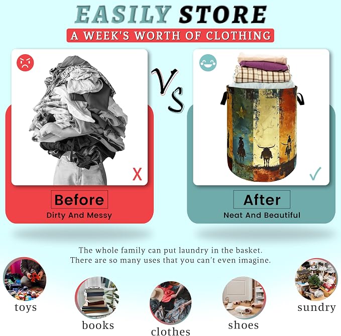 Retro Western Cowboy Laundry Basket Foldable Funny Western Laundry Hamper - Image 3