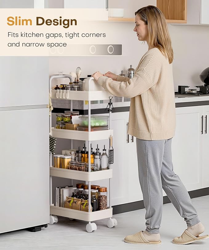 Homde Slim Rolling Cart for Kitchen: 4-Tier Space-Saving Narrow Floor Organizer - Image 3