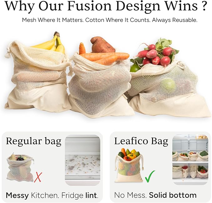 LEAFICO Reusable Produce Bags – 100% Cotton Mesh & Solid Hybrid – Cloth Grocery - Image 4