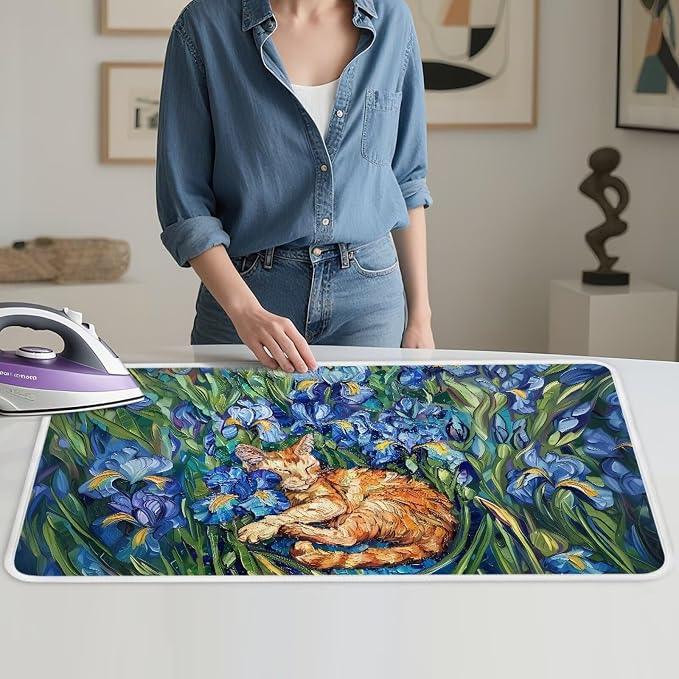 Ironing Mat Iris Flower Orange Cat Print Portable Ironing Pad by PJHEQOXE