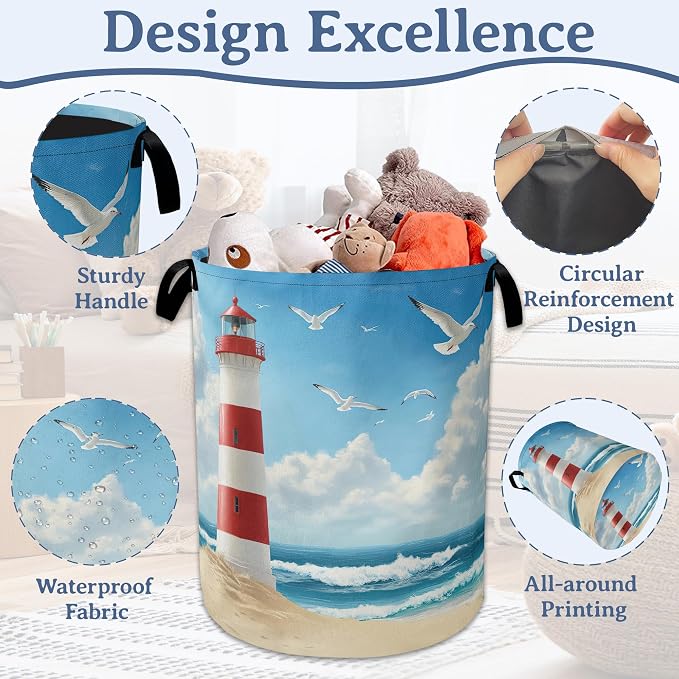 Lighthouse On The Beach Laundry Basket, Foldable Oxford Cloth Laundry Hamper - Image 4