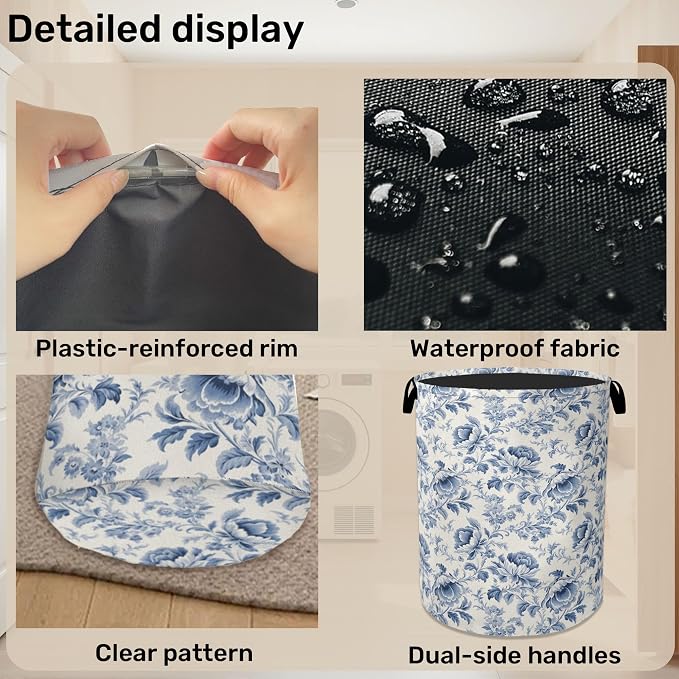 Beige Navy Blue Floral Laundry Basket - Image 5