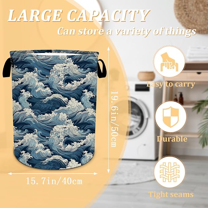 Vintage Sea Wave Laundry Basket, Foldable Waterproof Oxford Cloth Laundry - Image 2