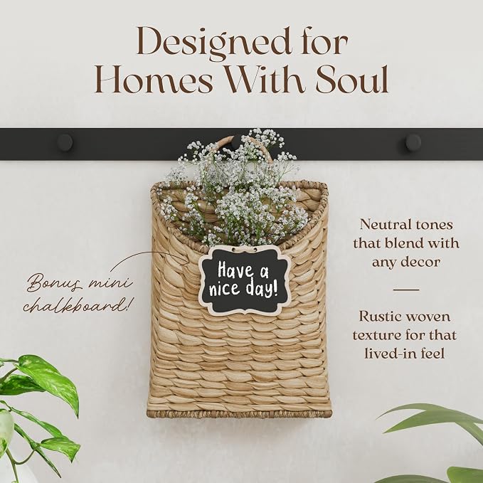 Boho Woven Wall Hanging Basket – Water Hyacinth Flat Back Basket - Image 2