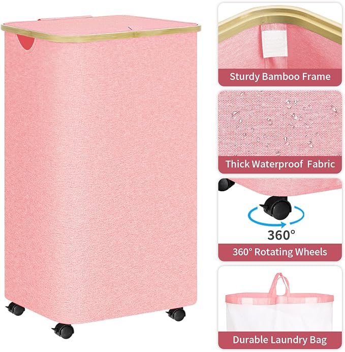 100L Pink Laundry Hamper on Wheels, Large Laundry Hamper - Image 3
