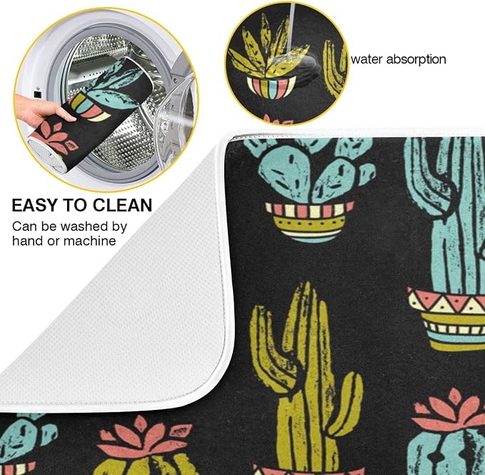 Retro Cactus Hand Drawn Pattern Absorbent Dish Drying Mat, 16 Inch x 18 Inch - Image 5