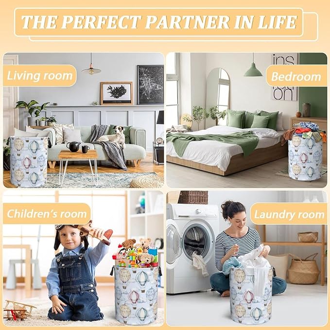 Watercolor Hot Air Balloons And Clouds Laundry Hamper Bag - Image 7