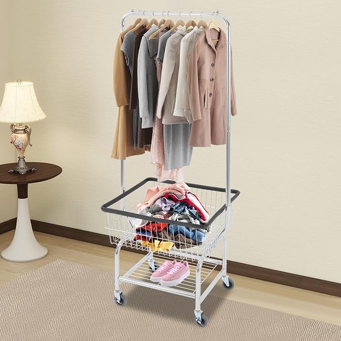 Laundry Cart with Clothes Rack Laundry Basket with Hanging Rack Cart with Extra - Image 3