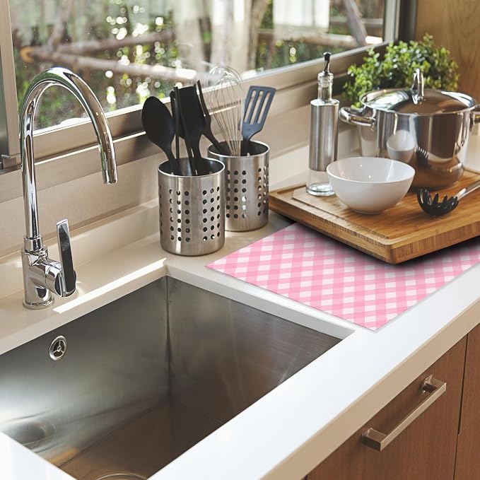 Pink White Checkered Dish Drying Mats 18x24 Inch, Dish Pad Drying Rack Mat - Image 6