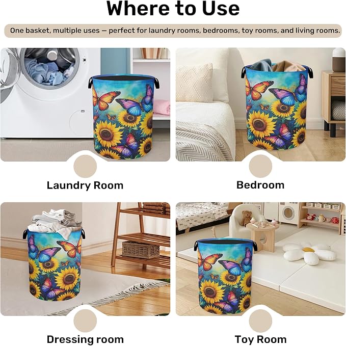 Butterfly Sunflower Laundry Basket, Heavy Duty 60L Dirty Clothes Hamper - Image 4