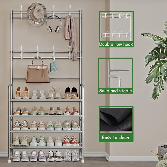 Coat Rack Shoe Rack With Storage Shelf Freestanding with 8 Hooks - Image 5