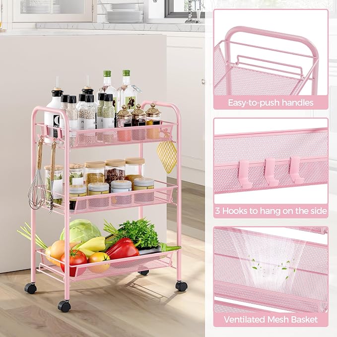 Metal Rolling Utility Cart, 3-Tier Mesh Wire Storage Trolley - Image 3