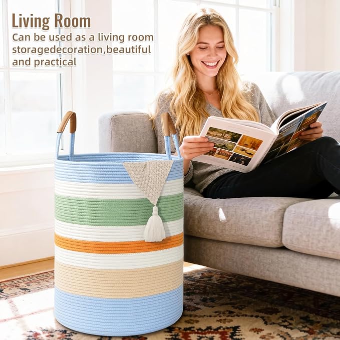 60L Striped Laundry Basket, Rainbow Laundry Hamper - Image 3