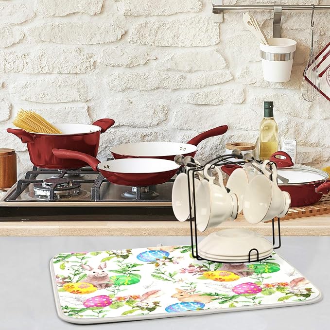 Easter Bunny Eggs Floral Pattern Absorbent Dish Drying Mat, 16 x 18 Inches - Image 2