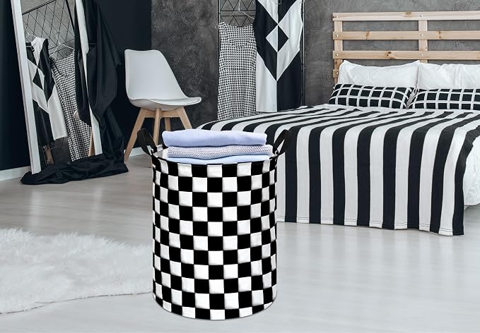 KUNRO Round Black-white Checker Laundry Gift Basket Storage Hamper, Clothes - Image 4