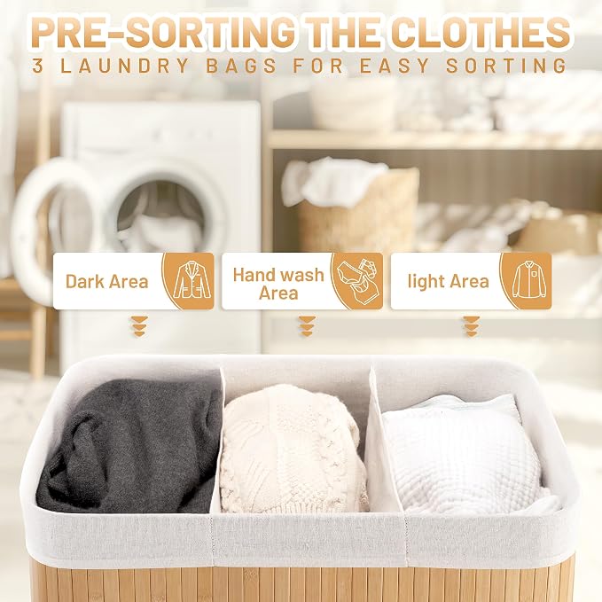 150L Laundry Hamper with lid, 3-Section Clothes Laundry Basket with Handles - Image 3
