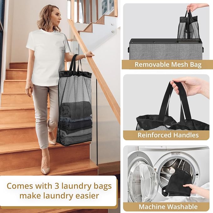 180L Laundry Hamper 3 Section, Large Laundry Hamper - Image 7