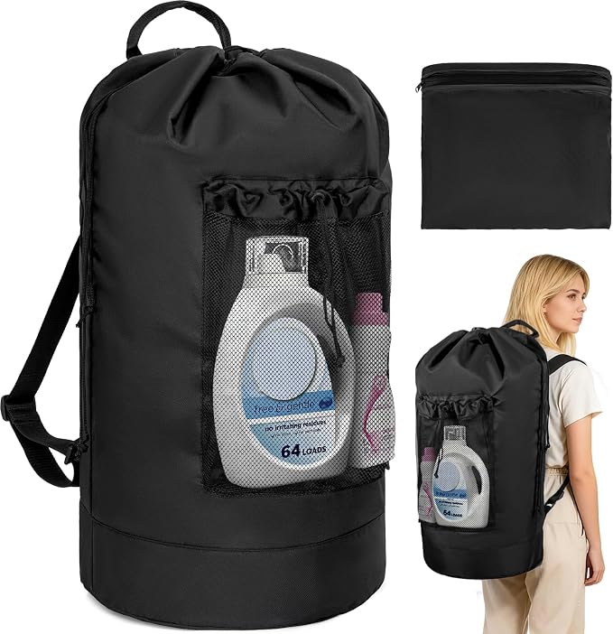 Laundry Bag Backpack with Shoulder Straps and Mesh Pocket Foldable Clothes by WELIDAY