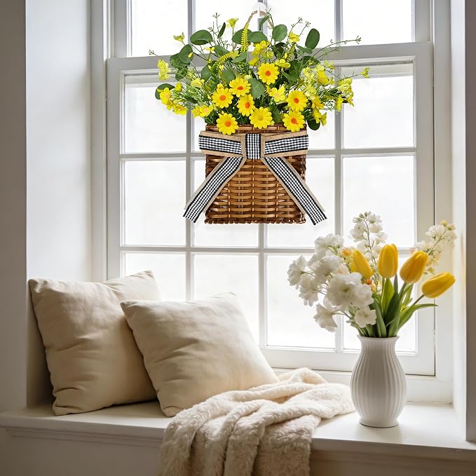 Spring Hanger Basket Wreath for Front Door 15" Yellow Daisy Basket Artificial - Image 8