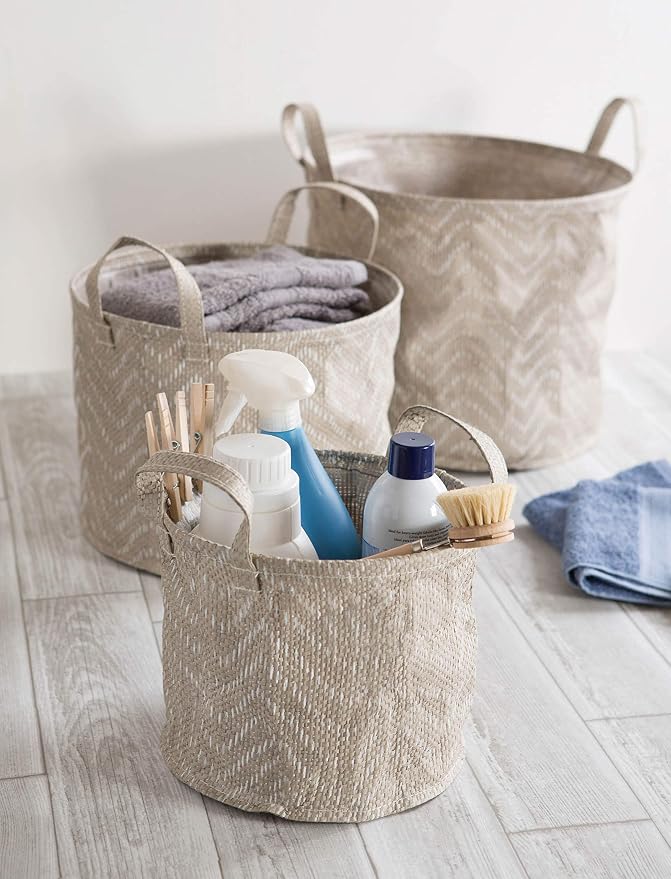 DII Collapsible Waterproof Chevron Laundry, Medium Round, Stone/Cream, 2 Piece - Image 7