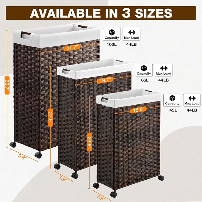 Greenstell Laundry Hamper with Wheels, 17.4 Gallon Slim Laundry Basket with 2 - Image 8