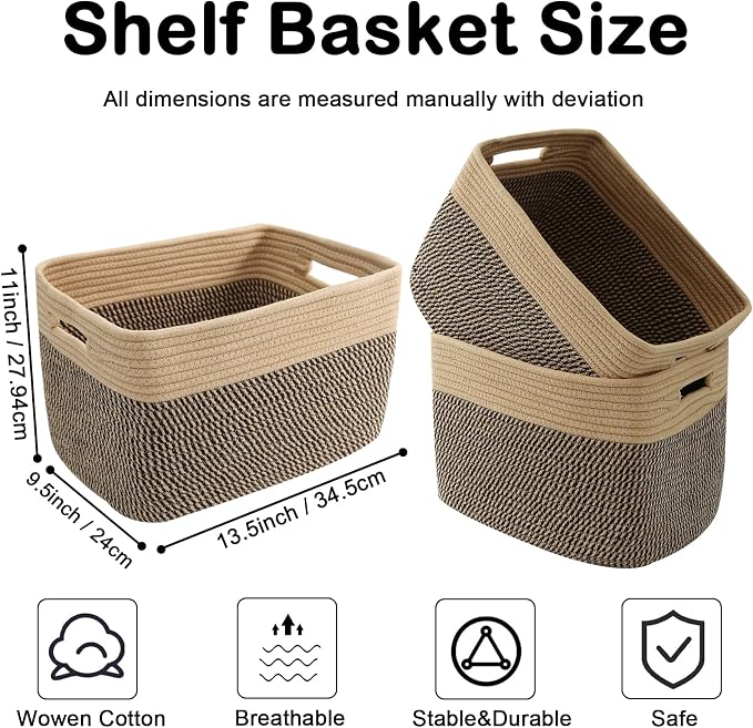 3 Pack Woven Storage Baskets for Shelves, 13.5"×11"×9.5"Organizing Bins - Image 2