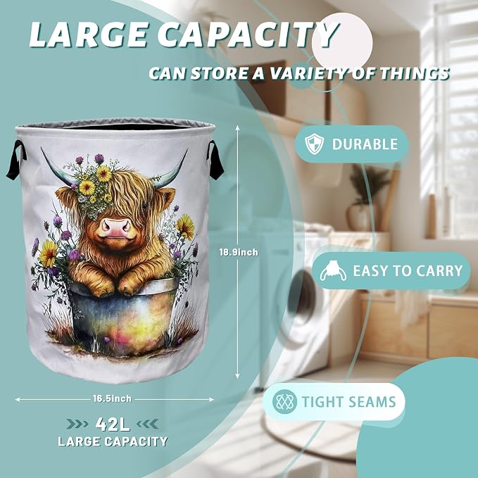 Cute Highland Cow Laundry Basket Foldable - Image 2