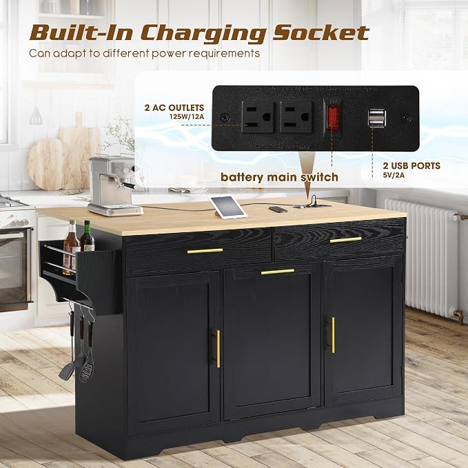 60" Kitchen Island with Power Outlet & Drop Leaf, Rolling Kitchen Island Table - Image 8