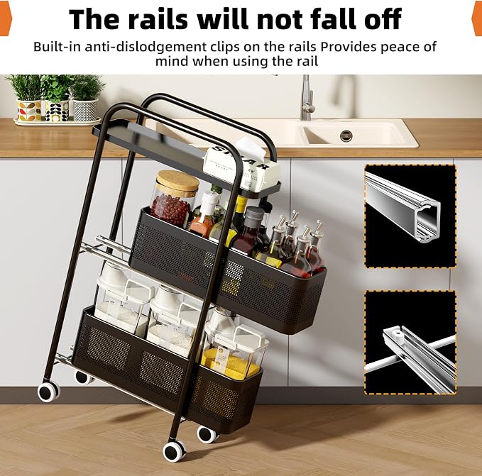Slim Storage Cart 3 Tier with Pull Out Metal Basket Bathroom Organizer Rolling - Image 5