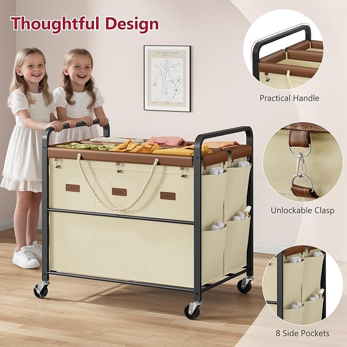 Tajsoon 350L Extra Large Laundry Hamper 6 Section, Heavy Duty Laundry Cart - Image 6