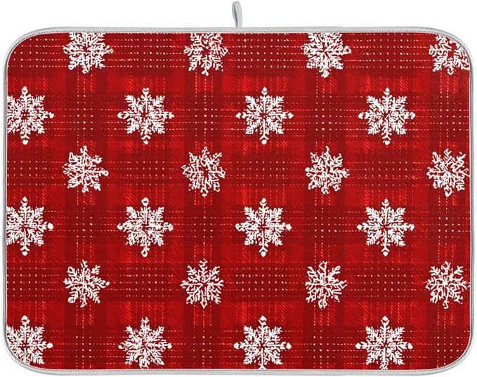 White Snowflake Pattern on Red Dish Drying Mat Super Absorbent Drying Mat 18x24 by susiyo