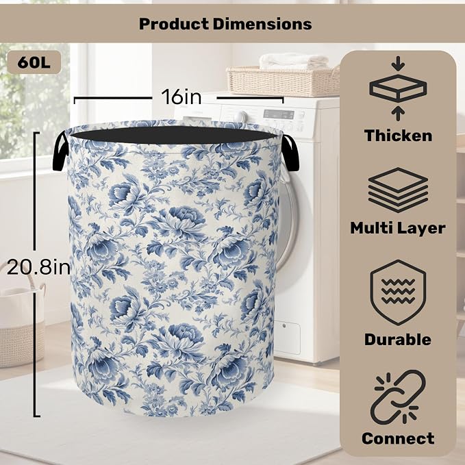 Beige Navy Blue Floral Laundry Basket - Image 2