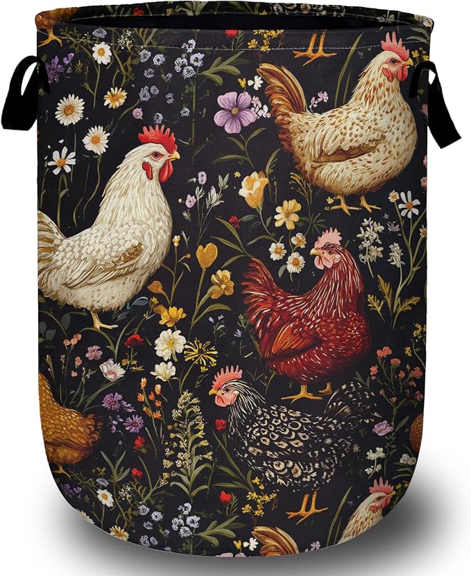 Retro Rooster Flower Laundry Basket, Chicken Laundry Hamper Tote Bag Dirty by Unknown