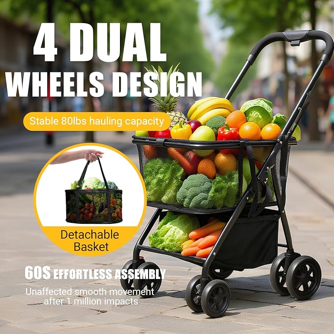 Upgraded Folding Shopping Cart, Detachable Baskets & 360°Swivel Wheels - Image 2