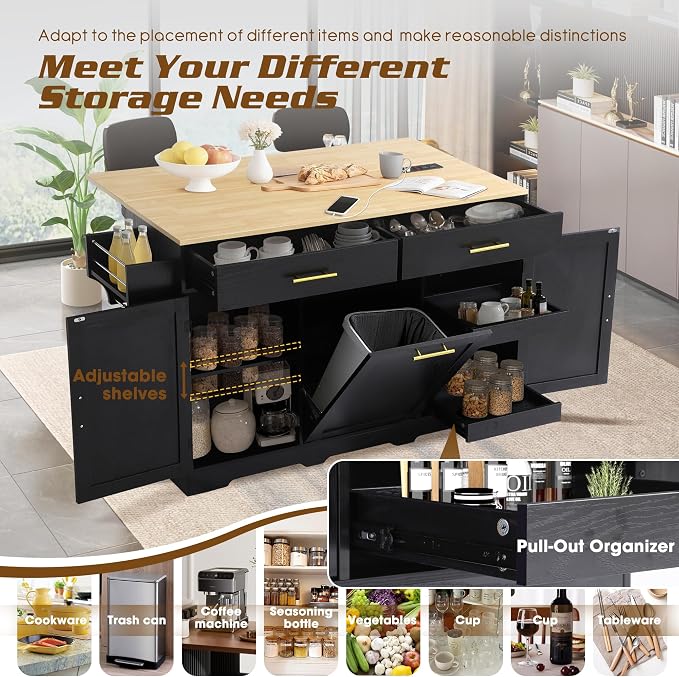 60" Kitchen Island with Power Outlet & Drop Leaf, Rolling Kitchen Island Table - Image 5
