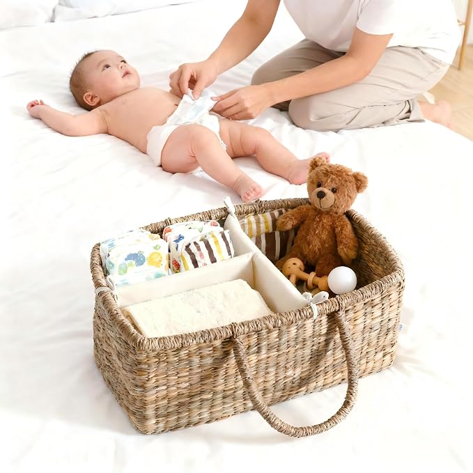 Premium Wicker Baby Diaper Caddy Organizer, Woven Seagrass Basket - Image 4