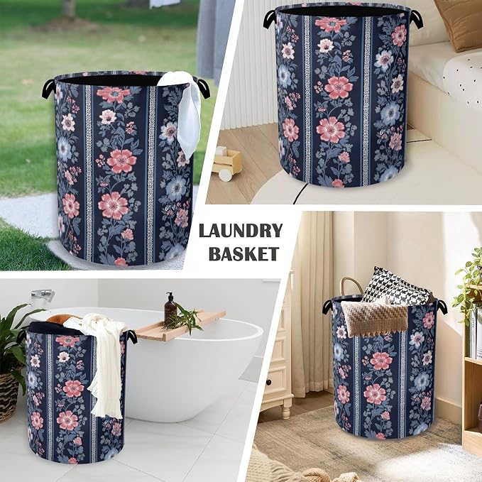 Boho Vintage Flower Laundry Basket, Foldable Oxford Cloth Tote Bag Laundry - Image 4