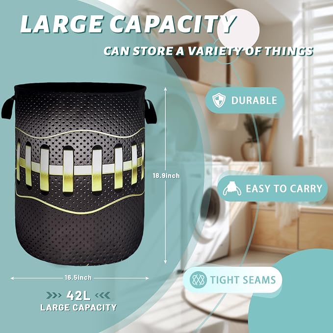 Grey Golden Baseball Texture Laundry Basket Sport Funny Laundry Hamper Foldable - Image 2