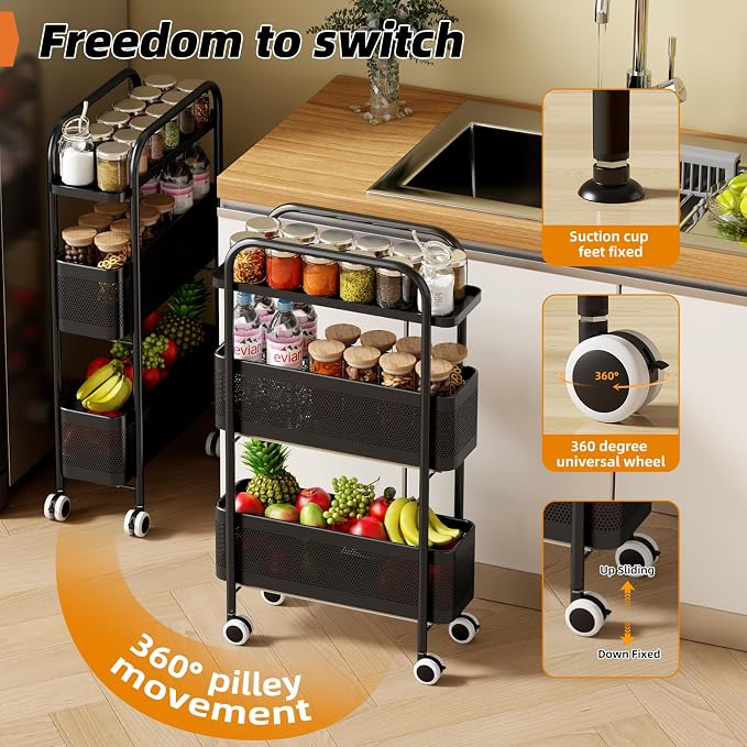 Slim Storage Cart 3 Tier with Pull Out Metal Basket Bathroom Organizer Rolling - Image 4