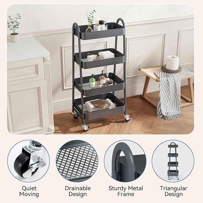 OLIXIS 4 Tier Utility Rolling Cart, Metal Mobile Storage Shelf - Image 2