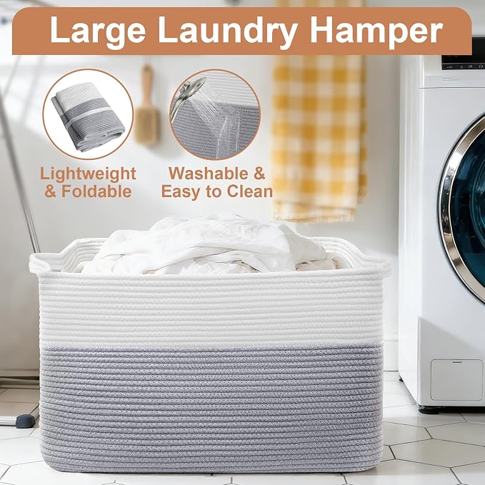 75L Large Blanket Basket, Rectangular Cotton Rope Basket, Laundry Hamper - Image 5