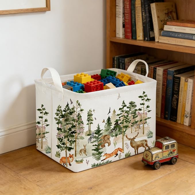 Rectangular Woodland Animal Basket Kids Baby Storage Basket, Bear Fox Boys - Image 4