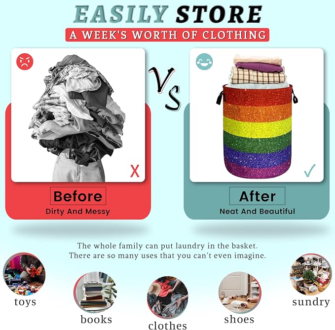 Shiny Rainbow Printed Laundry Basket Gay Funny Laundry Hamper Foldable Oxford - Image 3